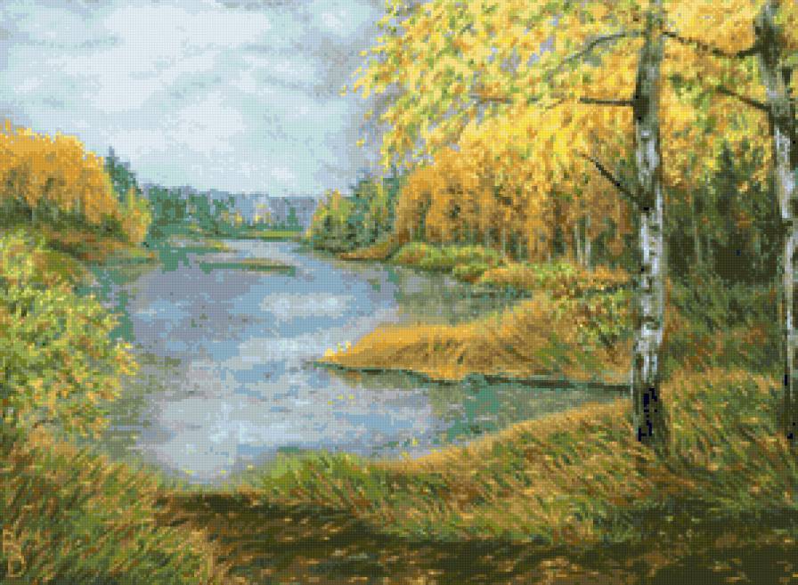 Картина Осени - березка, красота, пейзаж, березки, лес, осень, природа, река - предпросмотр
