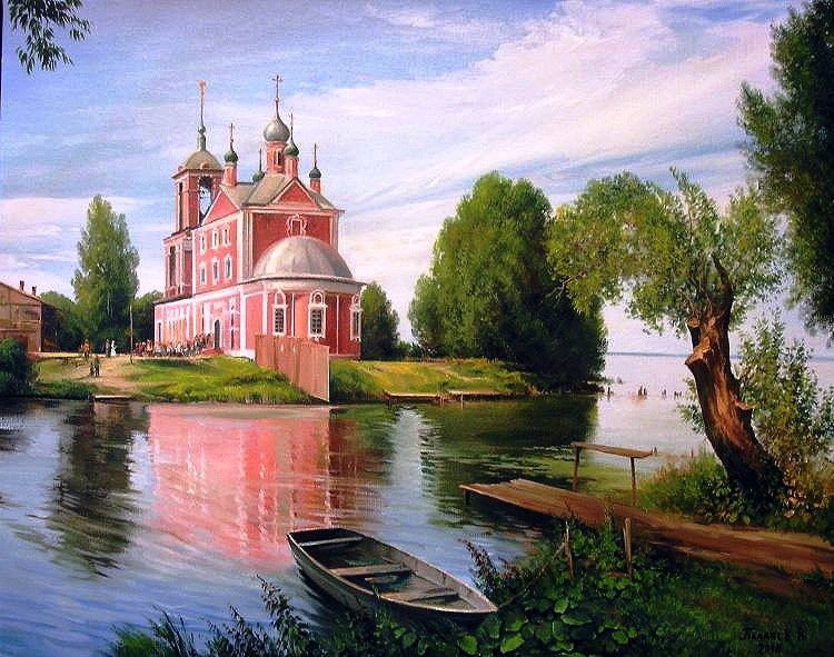 Старая церковь - река, лодка, пейзаж, природа, лес, красота природы, церковь - оригинал