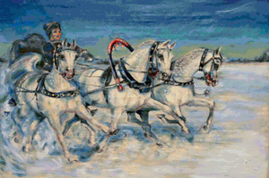 тройка лошадей - зима, упряжка, животные, снег, сани, лошади - предпросмотр