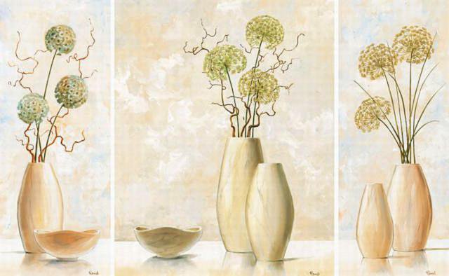 Нежность - цветы, вазы, триптих - оригинал