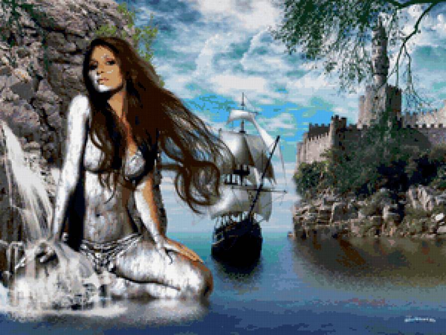 Фентези - парусник, девушка, пейзаж - предпросмотр