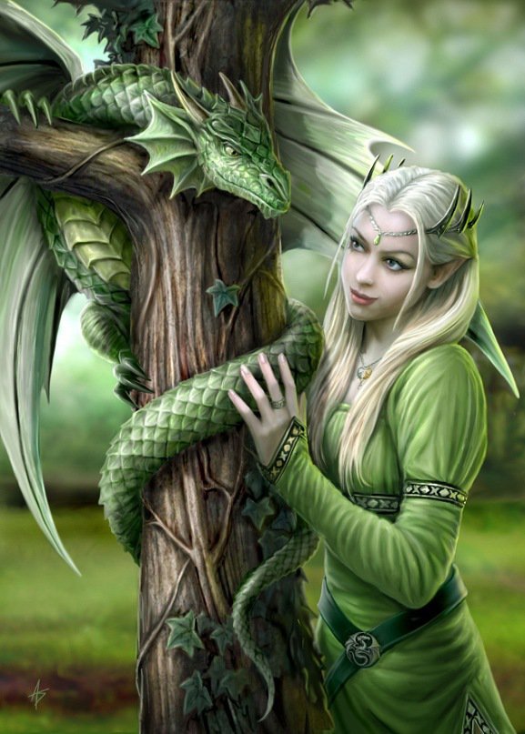 Девушка и зеленый дракон - фэнтези, дракон, девушка - оригинал