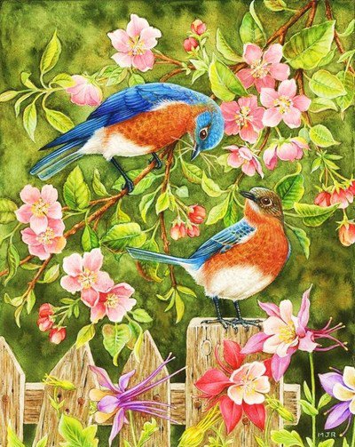 Серия "Птицы" - цветы, пейзаж, птицы - оригинал