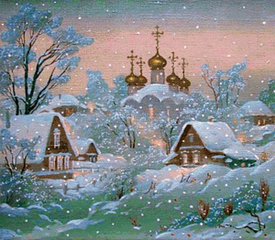 Снегопад - деревня, снегопад, домики - предпросмотр