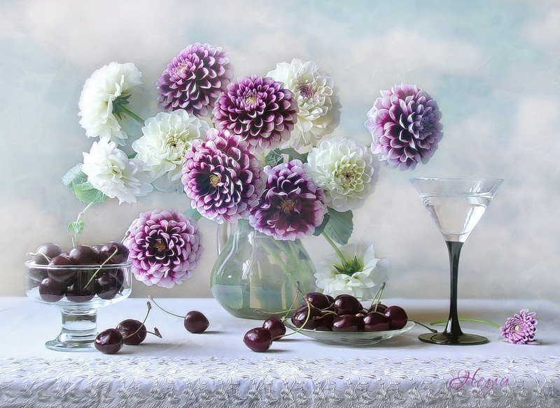 №110314 - цветы, ваза, вишни, букет - оригинал