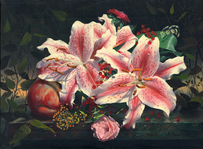 розовые лилии - букет, лилии, натюрморт, цветы - оригинал