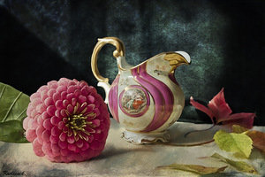 натюрморт - ваза, листья, цветы - оригинал