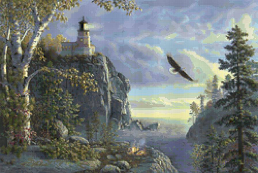 маяк и орёл - небо, горы, камни, орел, деревья, природа, маяк, костер, море - предпросмотр