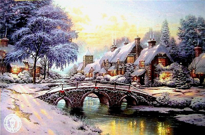 зима - дома, снег, мост, дерево, зима, пейзаж, река - оригинал