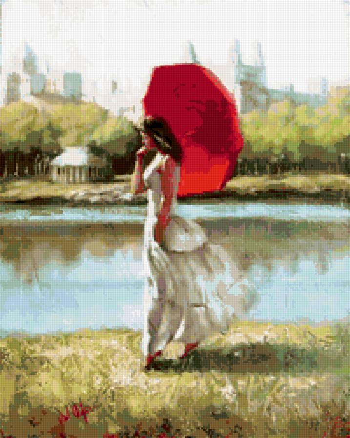 красный зонт - зонт, река, девушка - предпросмотр