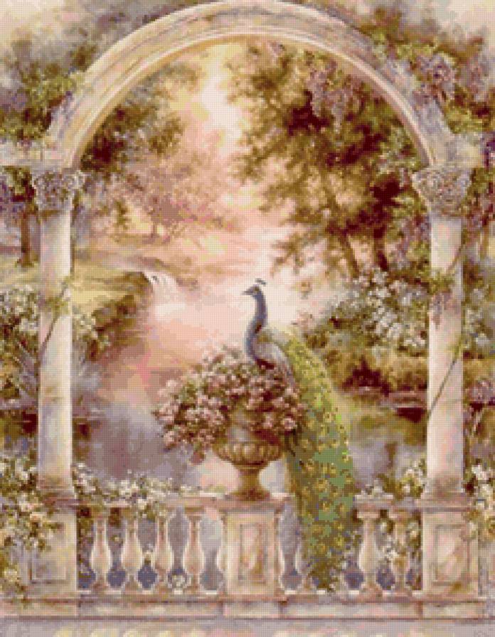 павлин в саду - пейзаж, красота, сад, павлин, терраса, экзотические птицы, птицы - предпросмотр