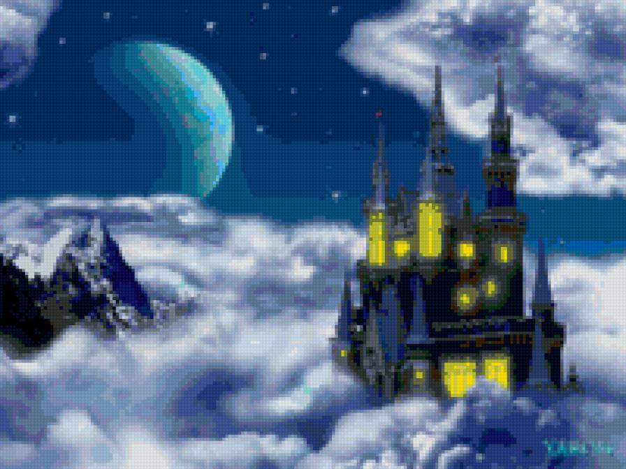 замок - облака, ночь, замок, пейзаж, звезды, небо, планета, картина - предпросмотр