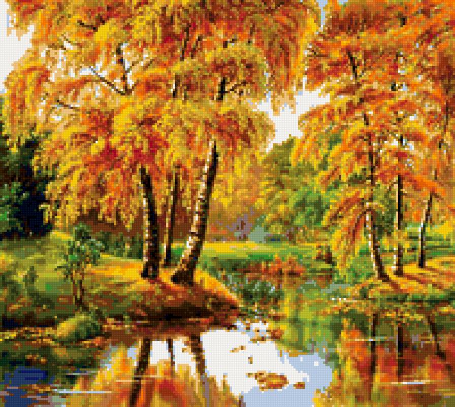 осении берёзки - листва, березки, деревья, природа, осень, времена года, река - предпросмотр