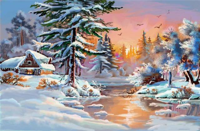 Зимний пейзаж - зима, снег, пейзаж, домик - оригинал