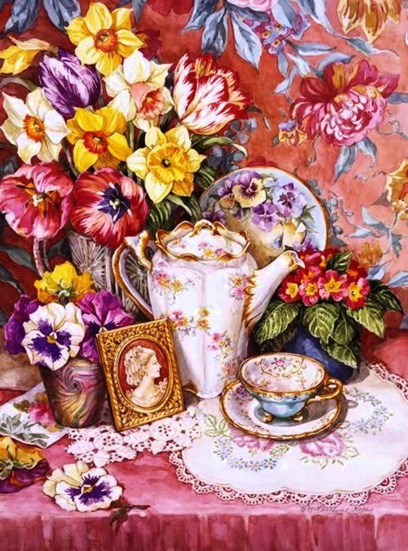 Прелестный натюрморт - камея, панно, цветы, кружево, тюльпаны, анютки, натюрморт, ретро - оригинал