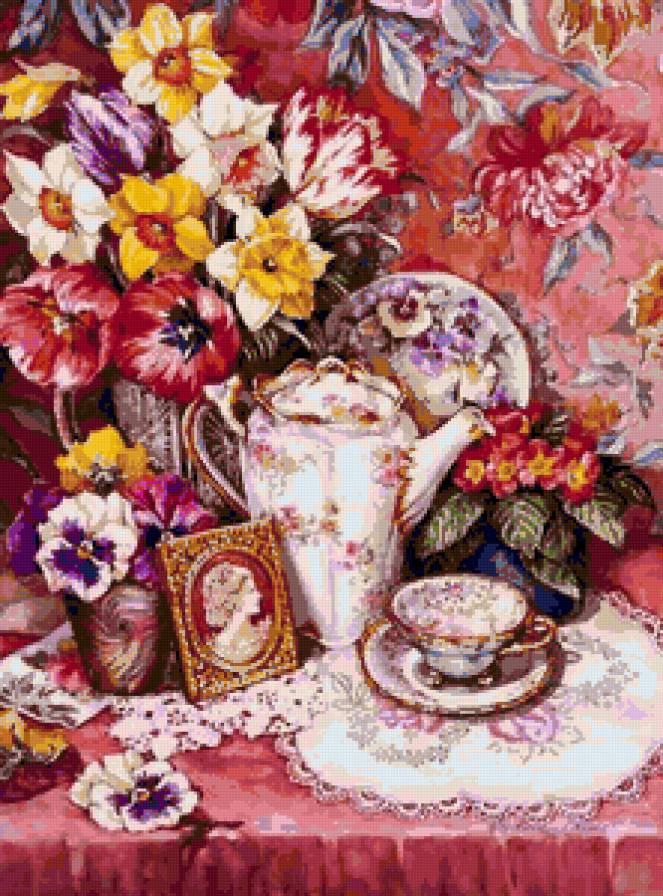 Прелестный натюрморт - анютки, панно, кружево, натюрморт, камея, тюльпаны, ретро, цветы - предпросмотр