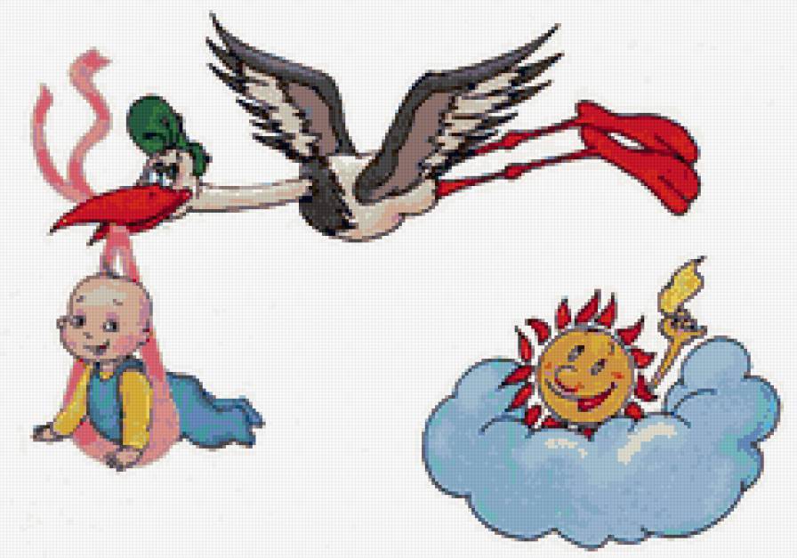 Аист с ребенком - солнце, аист, на рождение, ребенок, детям, дитя, детская - предпросмотр