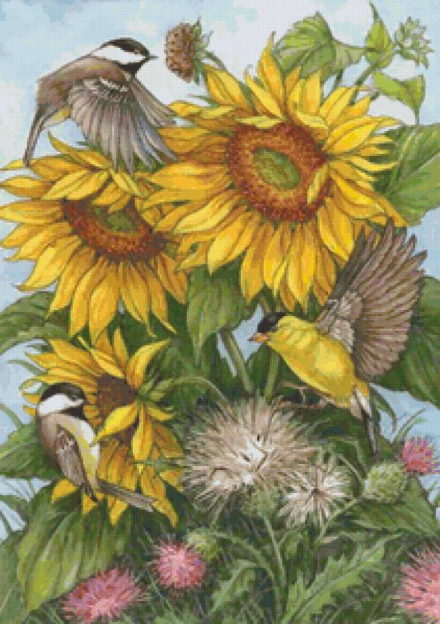 Серия "Букет" - цветы, подсолнухи, букет, птицы, синицы - предпросмотр