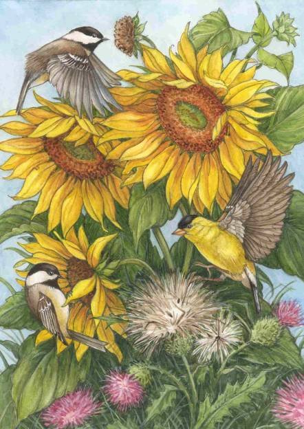 Серия "Букет" - птицы, подсолнухи, цветы, букет, синицы - оригинал