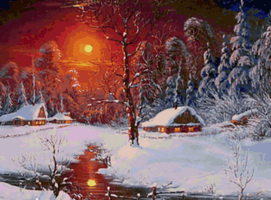 Красная ночь - зима, деревня, ночь - предпросмотр