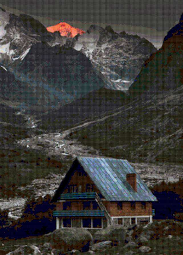 Лучик солнца - домик, горы, закат - предпросмотр