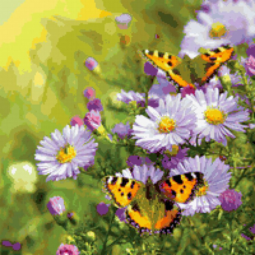 бабочки - пейзаж, ромашки, бабочки, цветок, цветы и бабочки, природа, лето - предпросмотр
