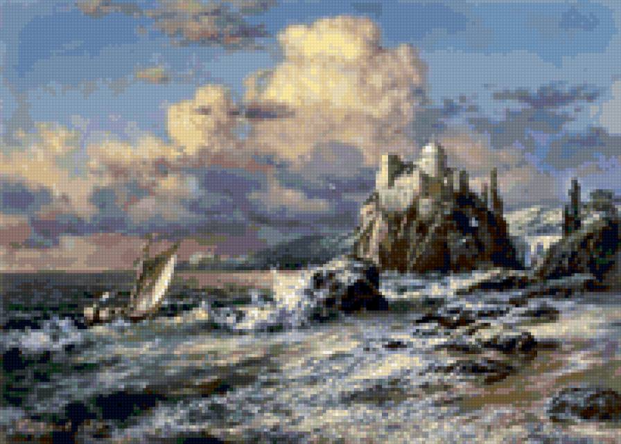 море - вода, шторм, камни, море, пейзаж, парусник, замок, природа, скалы - предпросмотр