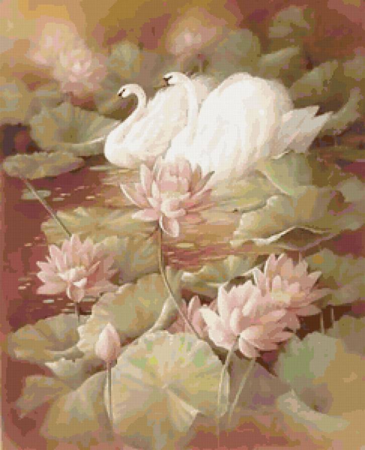 лебеди - цветы, лебеди, лотос - предпросмотр