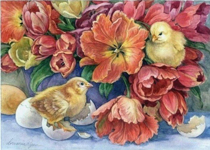 тюльпаны и цыплята - птенцы, цветы - оригинал