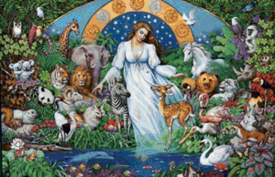 Девушка и животные - живопись, девушка, животные, пейзаж - предпросмотр