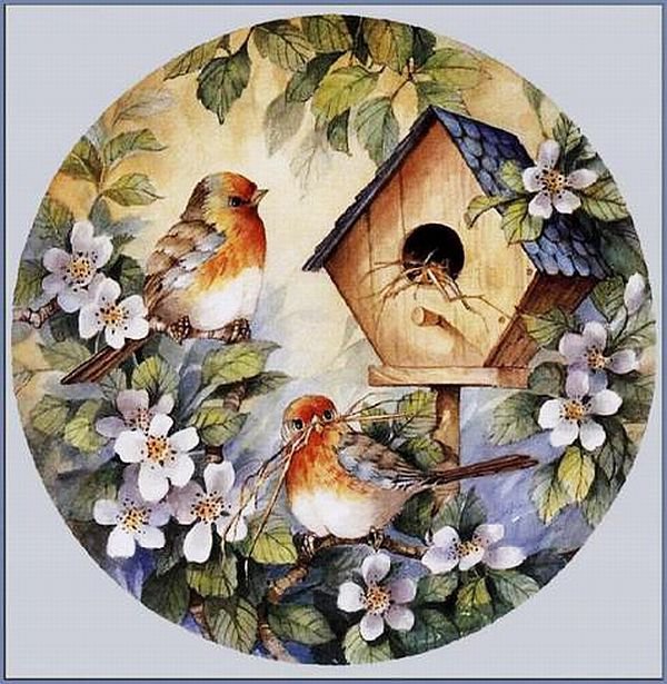 птичий дом - цветы, птицы, дом - оригинал