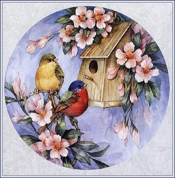 птичий дом 2 - дом, птицы, цветы, подушка - оригинал