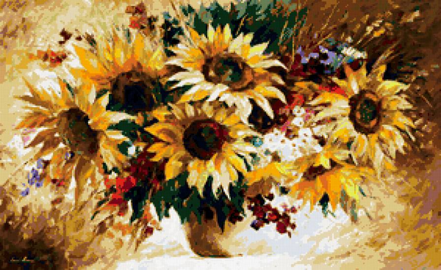 подсолнухи - ваза, подсолнухи, масло, картина - предпросмотр