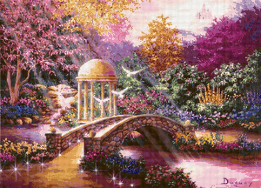 картина - волшебство, мост, пейзаж, голуби, беседка, птицы, природа - предпросмотр