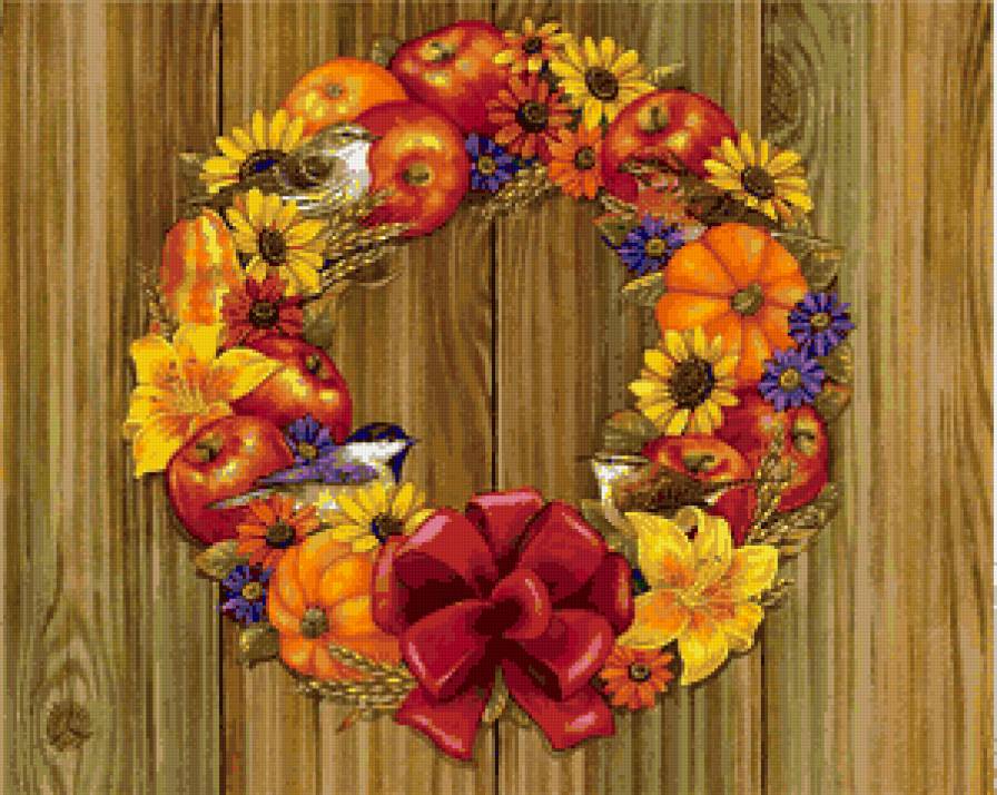 осенний венок - венок, птицы, фрукты, цветы - предпросмотр