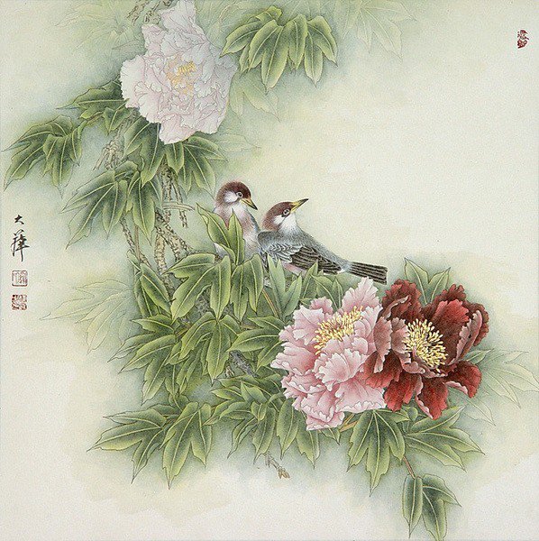 китайская живопись - пионы, цветы, птицы - оригинал