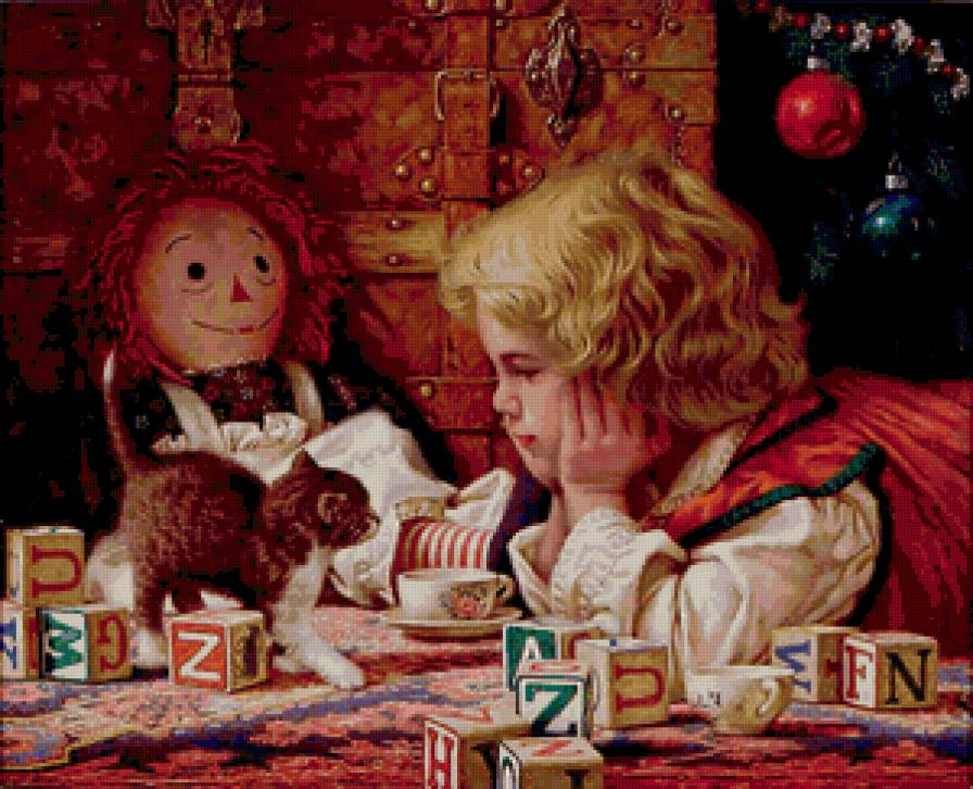 Девочка и котенок - девочка, живопись, коты, животные - предпросмотр