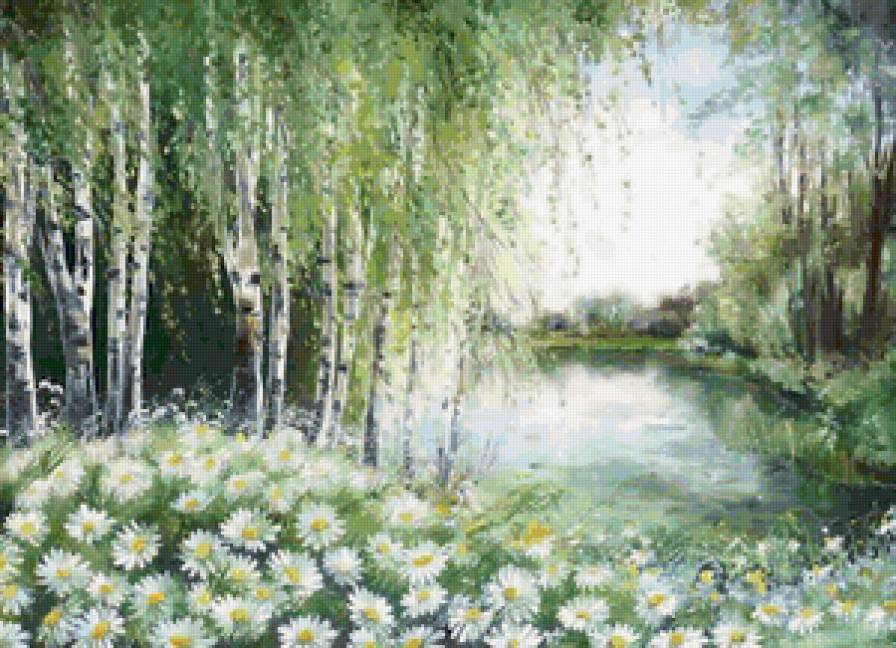Пейзаж - живопись, пейзаж, ромашки, река - предпросмотр