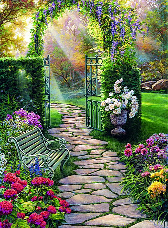 Лавочка в саду - лавочка, цветы, сад - оригинал