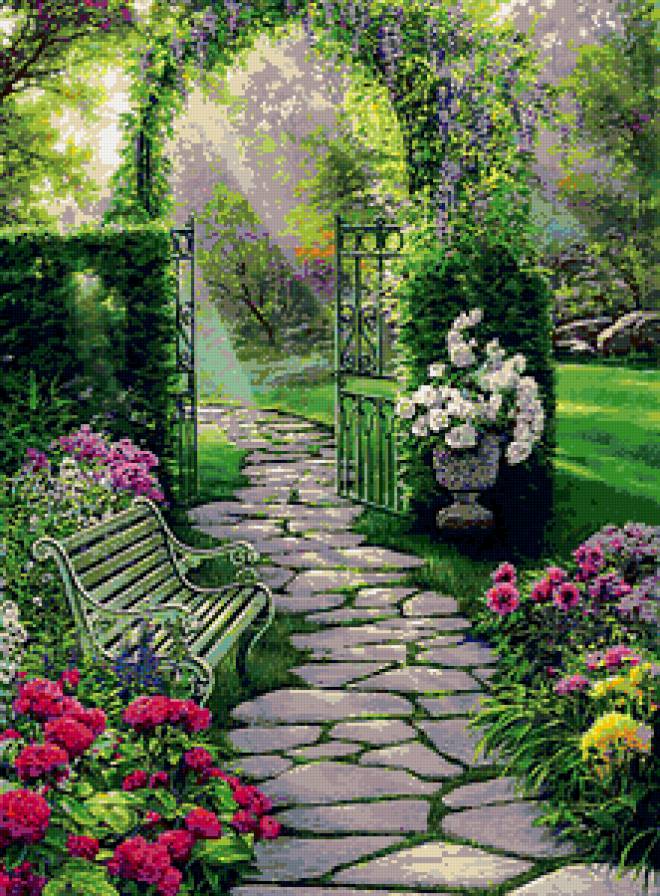 Лавочка в саду - сад, лавочка, цветы - предпросмотр