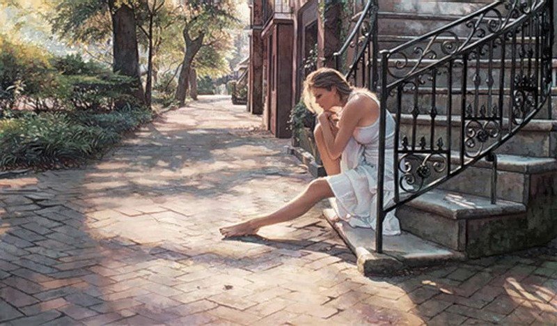 Ранним утром - лестница, девушка, лето, красота, женщина, эротика - оригинал