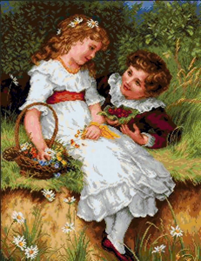 Первая любовь - мальчик, девочка, корзинка, дети, картина, первая любовь - предпросмотр