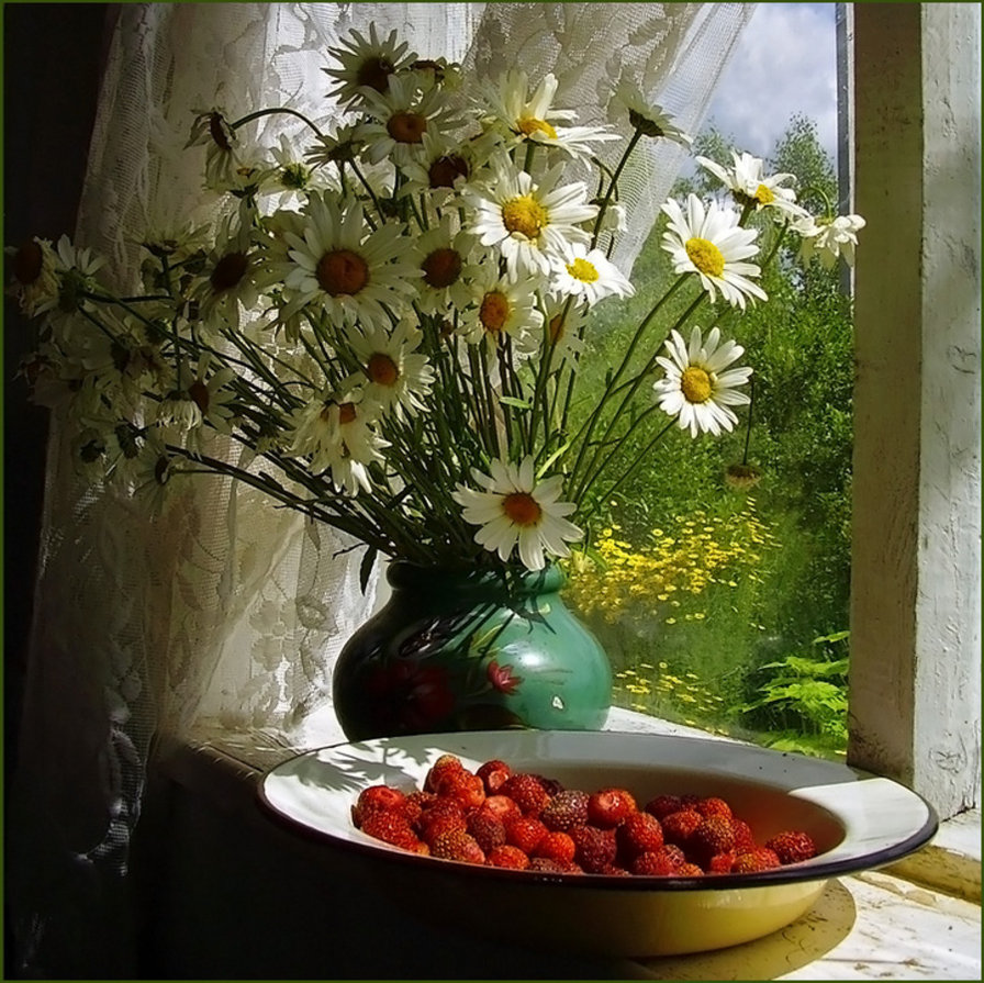 натюрморт - цветы, ромашки, ягоды, натюрморт - оригинал