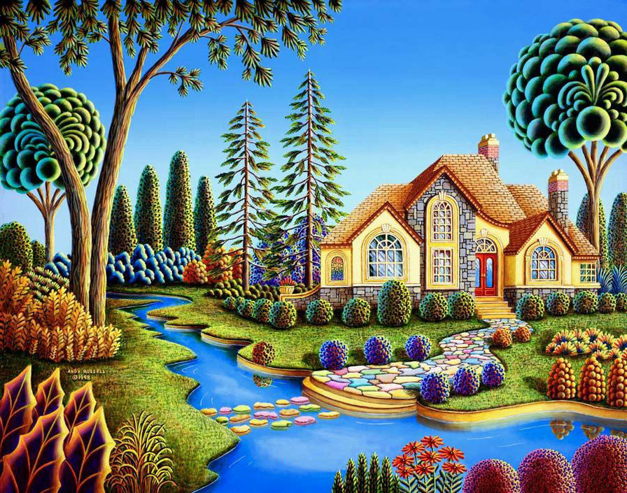 Сказочный домик - пейзаж, дом, живопись, река - оригинал