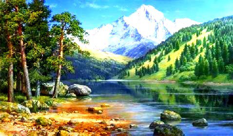природа - горы, картина, пейзаж, лес, река - оригинал