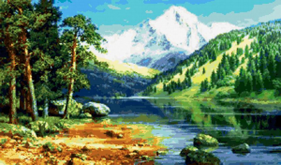 природа - горы, река, картина, лес, пейзаж - предпросмотр