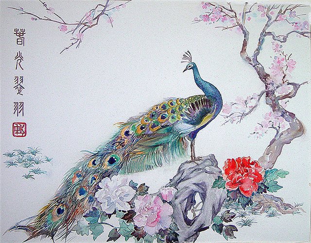 китайская живопись - птицы, павлин, китай - оригинал