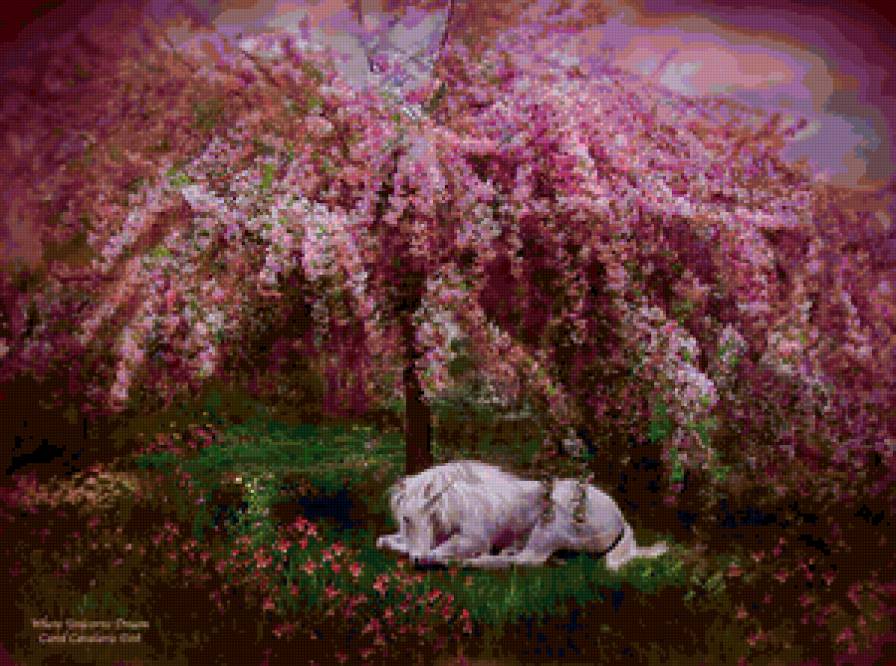 Единорог под сакурой - животные - предпросмотр