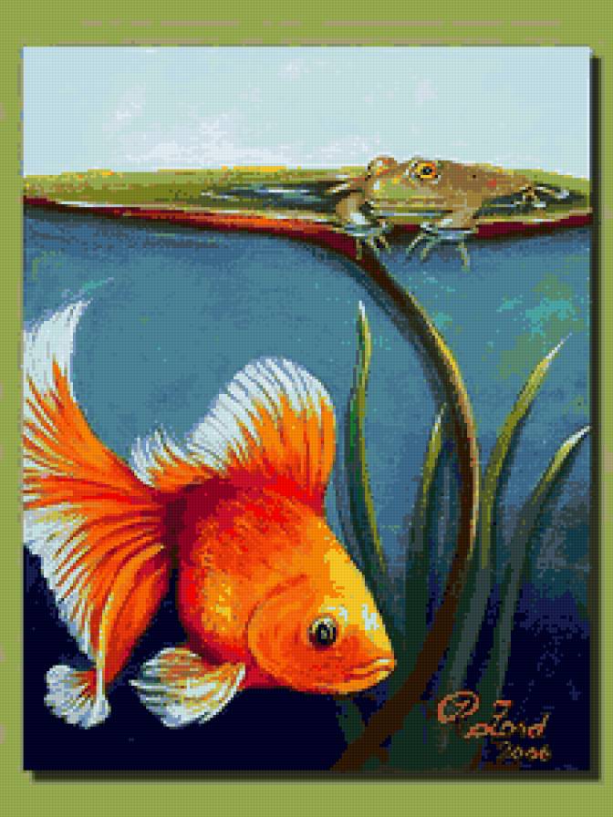Золотая рыбка - золотая рыбка, лягушка, рыбки, цветок, кувшинка, рыбка, рыба - предпросмотр
