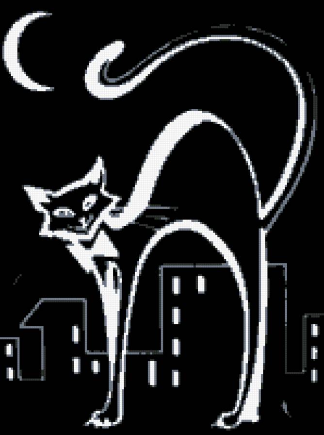 Котейка - черный, ночь, дома, крыша, месяц, кот - предпросмотр